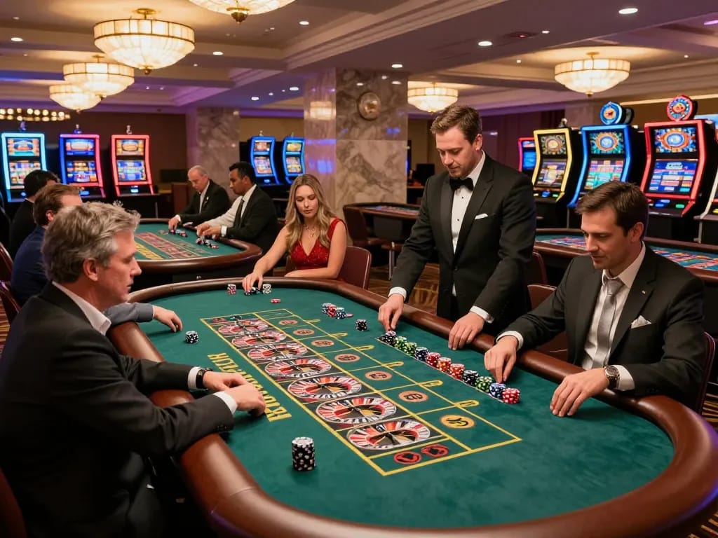 Players engage at xx88's roulette tables, capturing the lively casino atmosphere.