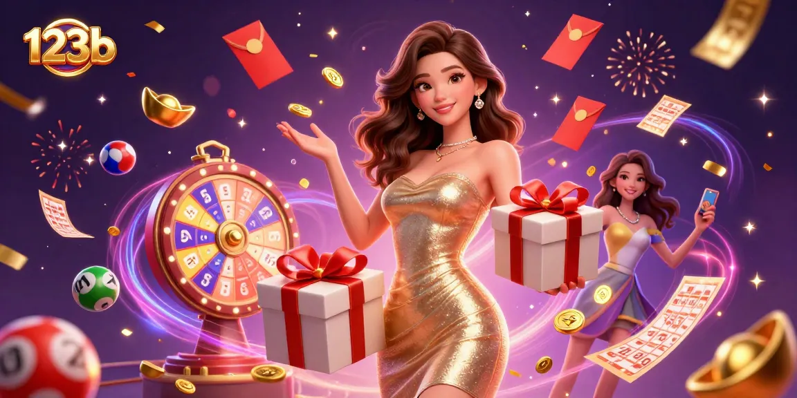 Experience the 123b casino excitement with vibrant colors, winning tickets, and festive energy in this dynamic illustration.