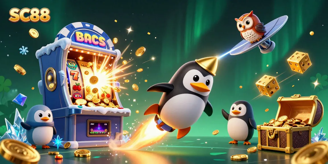 Experience the excitement of SC88, featuring a golden penguin racing towards a casino-shaped poker chip amidst a vibrant casino scene.