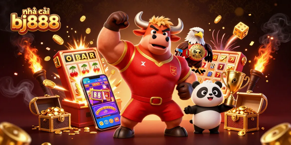 Experience excitement with nhà cái bj888 featuring a dynamic winning scene of casino games and mascots.