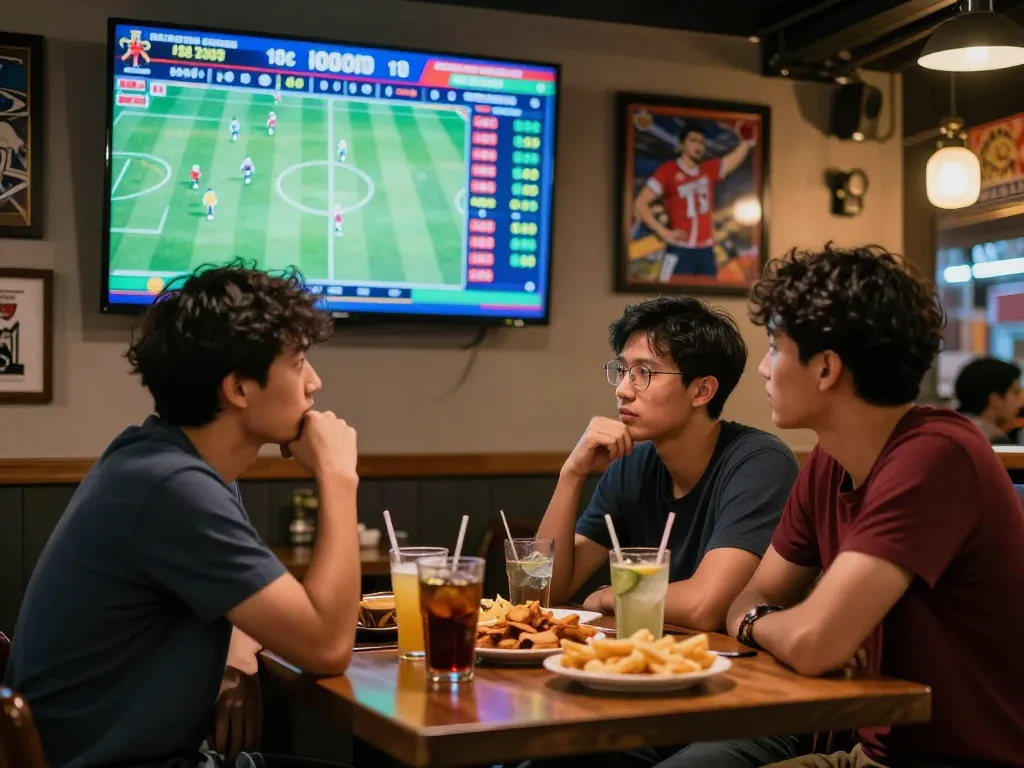 Analyzing kèo nhà cái odds in a lively sports bar environment with friends.