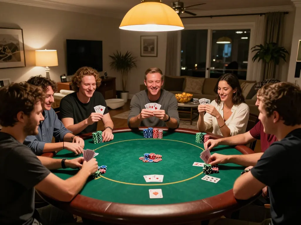 Friends playing poker at home, showcasing the lively atmosphere of gambling with hubet strategies and social bonding