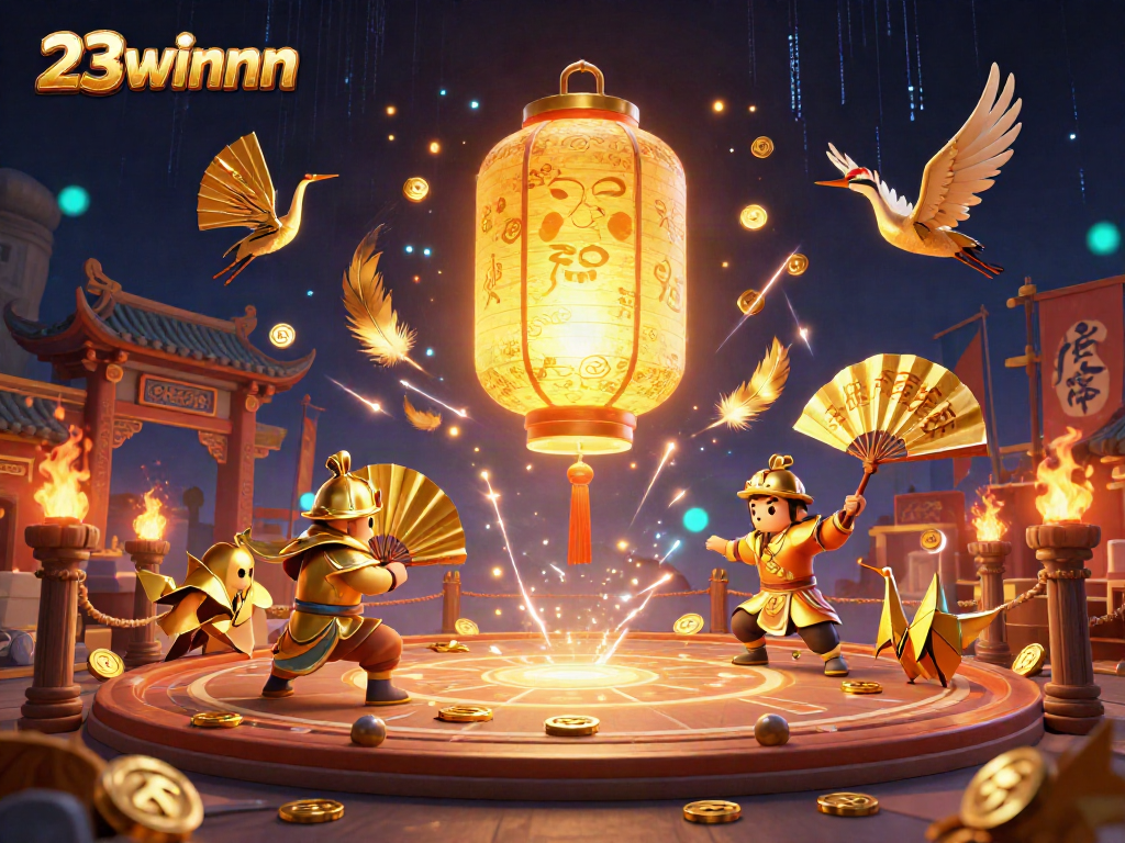 Experience the vibrant 23winnn casino atmosphere with a glowing lantern spirit and golden companions.