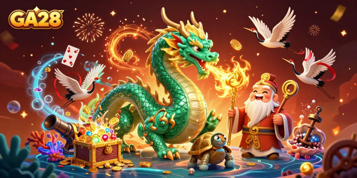 Engage with GA28's thrilling casino world featuring a dragon and treasure exploding with riches.