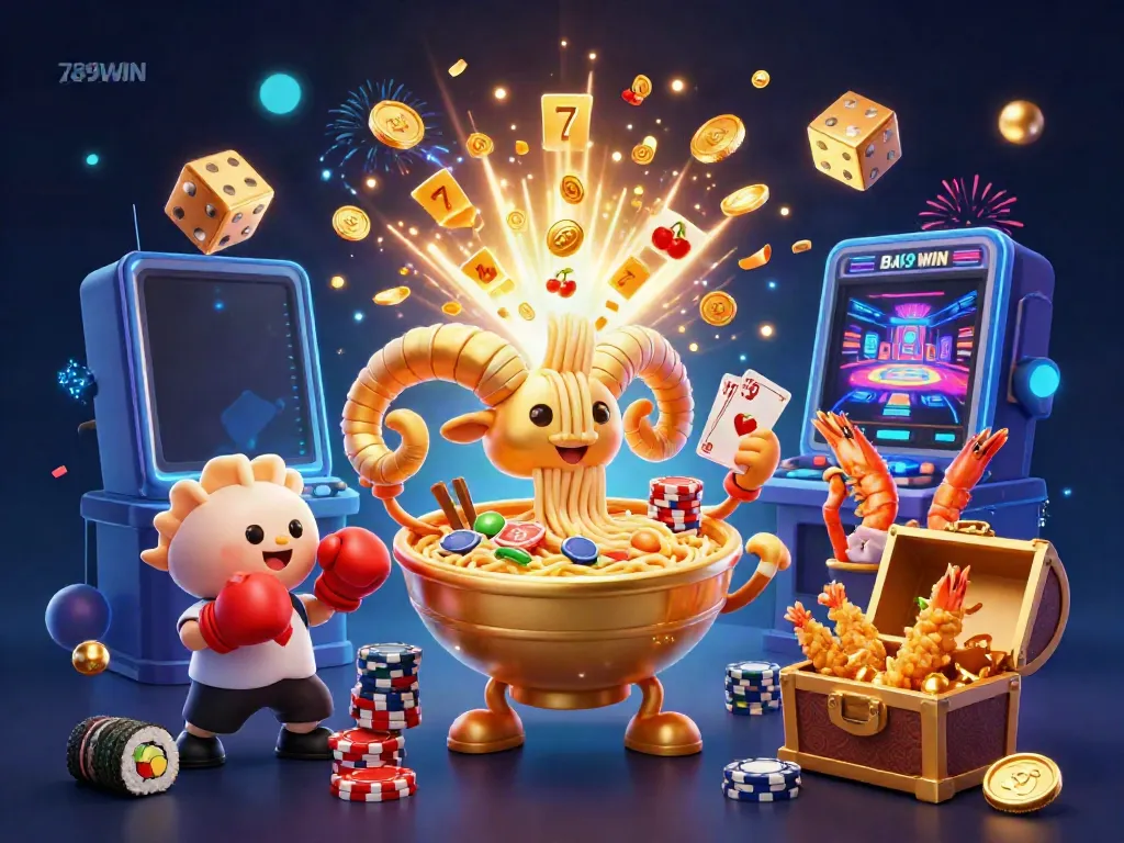 Experience the vibrant energy of 789WIN with a dynamic casino illustration featuring a golden ramen bowl dealing cards, surrounded by coins and gaming icons.