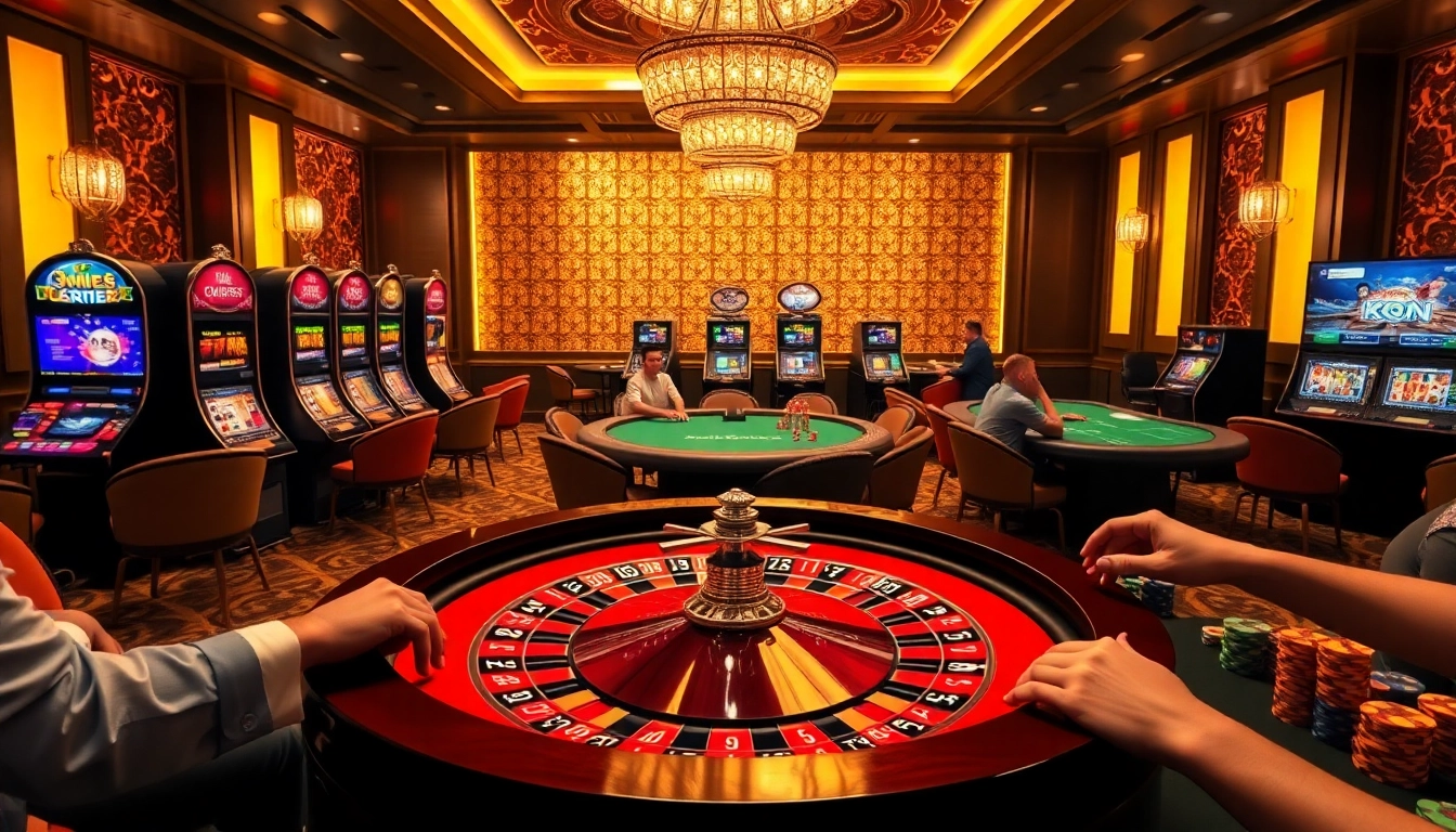 Experience the excitement of casino games at https://hu88.za.com/ with players at a roulette table and colorful slot machines.