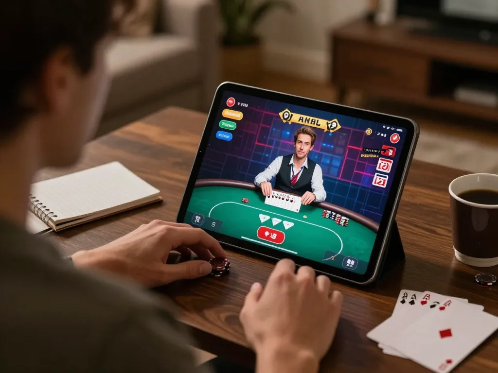 Player enjoys gaming experience on XX88 online casino tablet with poker interface in a cozy setting
