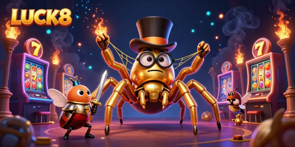 LUCK8 showcases vibrant 3D casino characters interacting with slot machines and golden elements in an engaging setting.