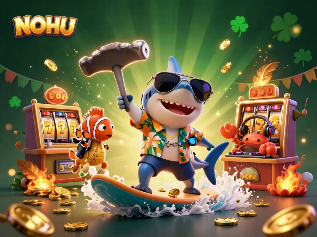Engage with NOHU's thrilling casino scene featuring a shark, clownfish, seahorse, and DJ amidst slot machines and gold coins.