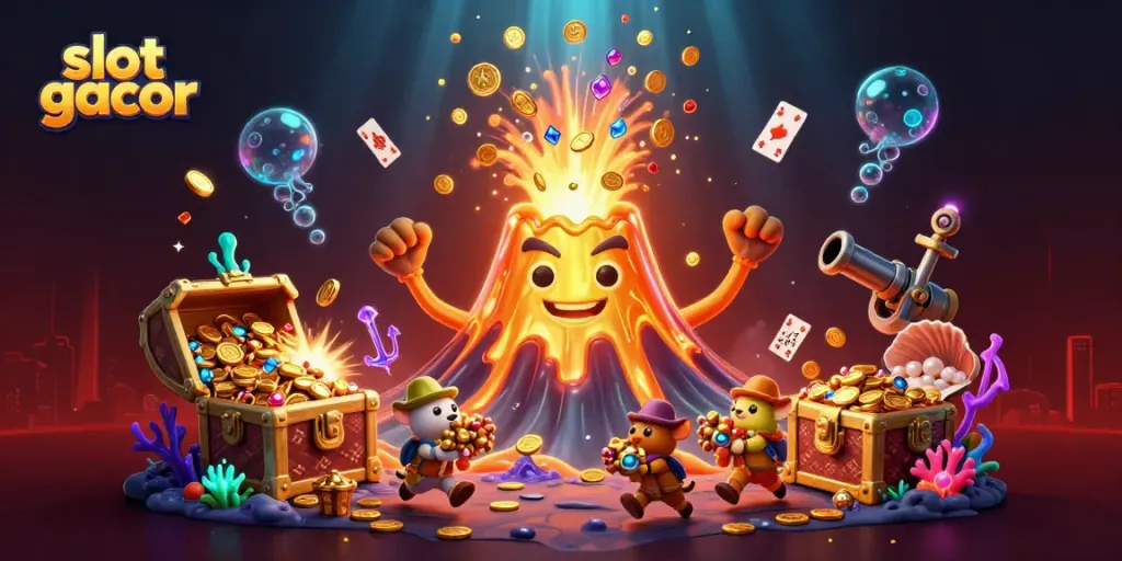 Experience the thrill of slot gacor surrounded by treasure in this vibrant casino illustration.