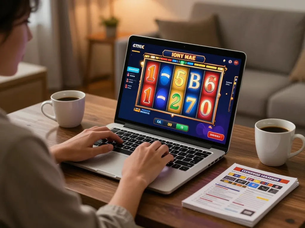 Person enjoying a slot game on a laptop, showcasing a cozy online gaming atmosphere.
