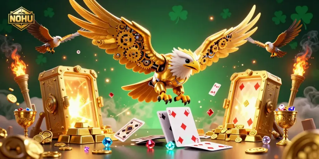 Engage with NOHU and dive into a dazzling 3D casino adventure featuring golden treasures and gaming elements.