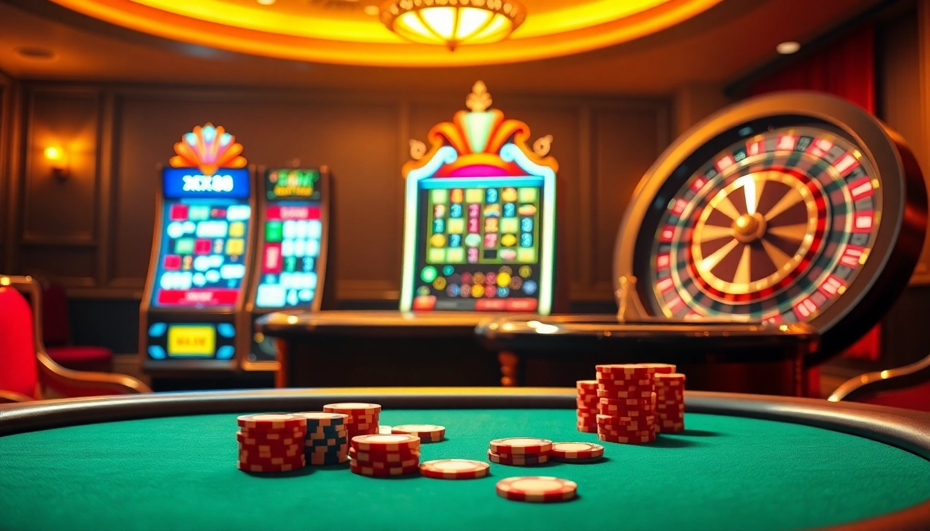 Experience the excitement of gambling at XX88 with vibrant poker chips and a thrilling roulette wheel.