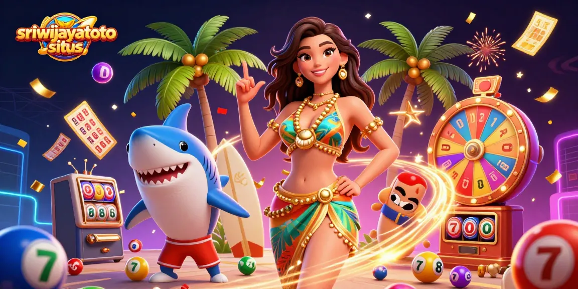 The vibrant scene captures the excitement of sriwijayatoto situs with a glamorous woman and playful shark amidst colorful lottery elements and dynamic celebration.