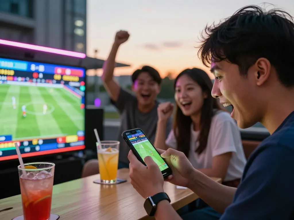 Person placing sports bets on smartphone at Tg88.com during a lively outdoor event, showcasing excitement and dynamic action.