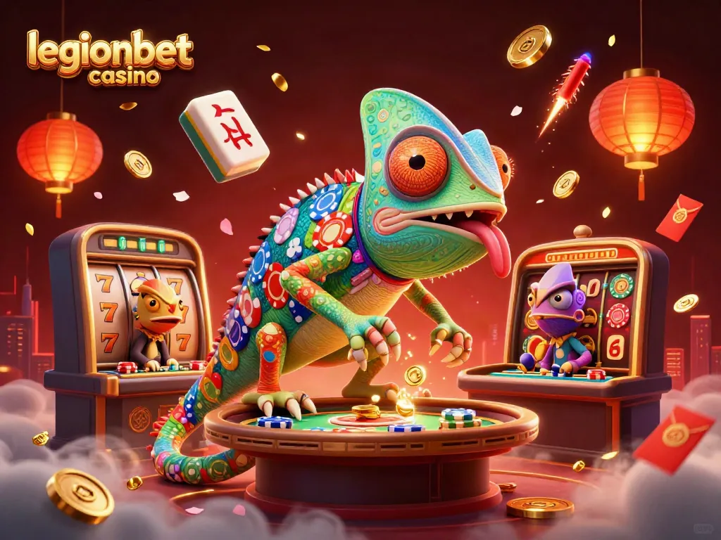 Experience the excitement of legionbet casino with a colorful 3D chameleon owner surrounded by vibrant slot elements.