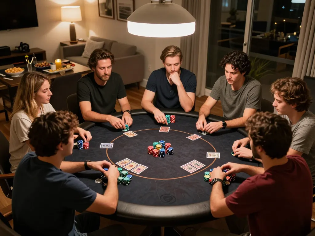 Players strategizing in a home poker game, showcasing a lively bl555 night.