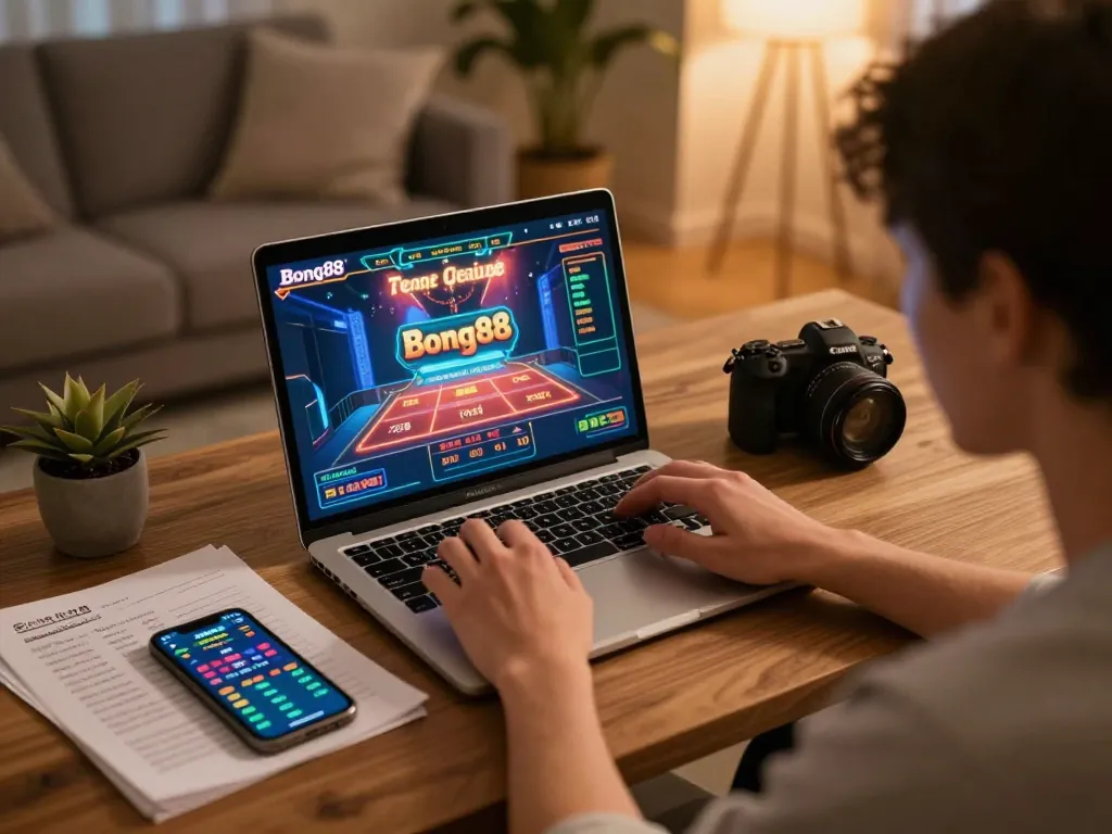 Bong88 online gaming scene with player engaged in casino game on laptop, showcasing strategy notes nearby.