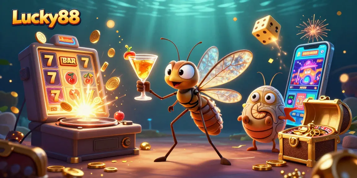 Experience the excitement of Lucky88 with a lively casino scene featuring unique characters and vibrant game elements.