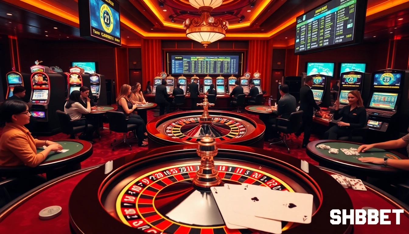 Players experiencing excitement at SHBET's luxurious casino games with roulette and poker elements.