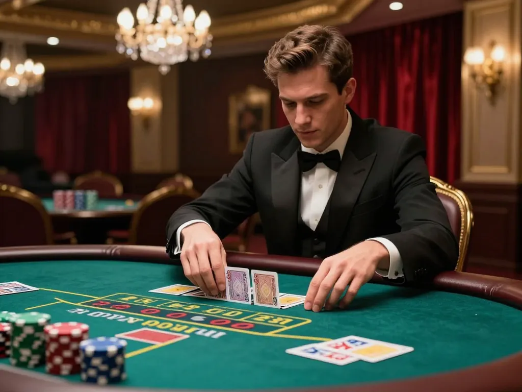 Player analyzing cards at baccarat table with chips from https://du88.autos/ in elegant casino setting, showcasing strategic gameplay.