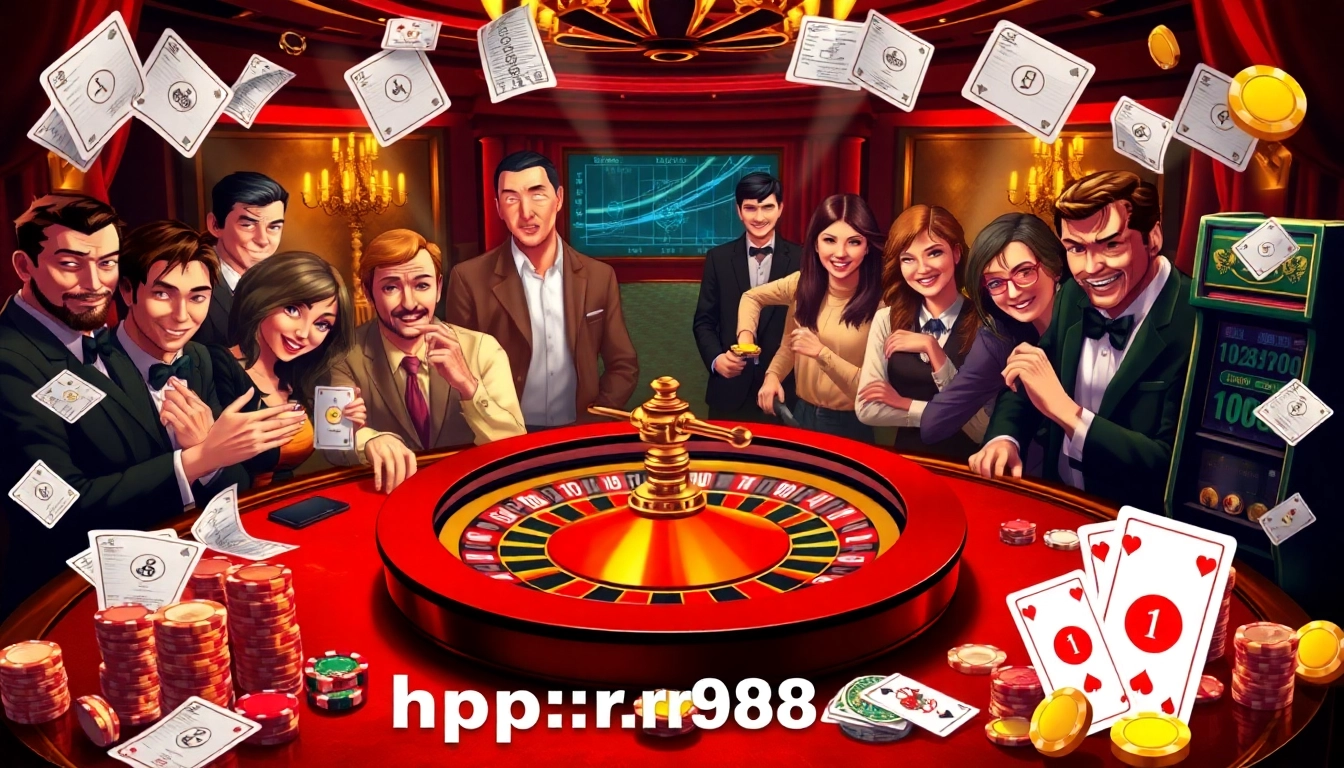 Exciting gambling scene at https://rr9988.net/ with poker table and spinning roulette wheel.