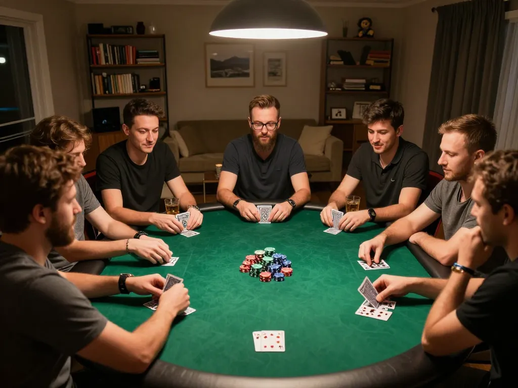Vua99 poker players engaged in an exciting home game, showcasing chips and cards during a friendly night.