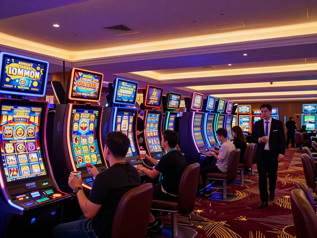 Người chơi LUCK8 tận hưởng các máy slot sôi động với ánh sáng đầy màu sắc và không khí lễ hội.