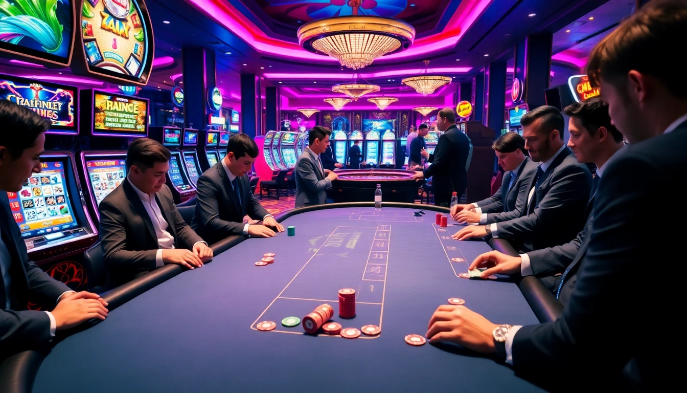 Excited players gamble at TV88's luxurious poker table, enhancing the thrilling casino experience.