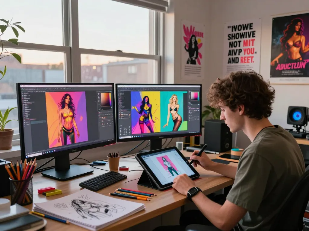 AI porn artwork creation in a digital art studio.