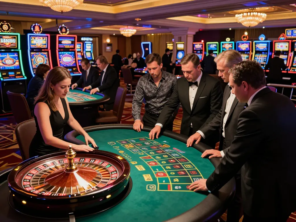Alo8 gaming enthusiasts placing bets at a lively roulette table in an upscale casino.