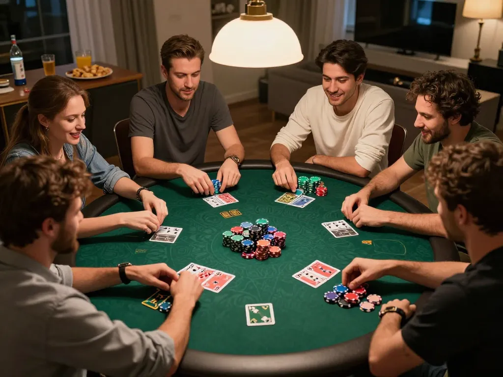 Friends enjoying a lively poker night together while engaging in exciting gameplay, showcasing strategic decisions at the table, OK365