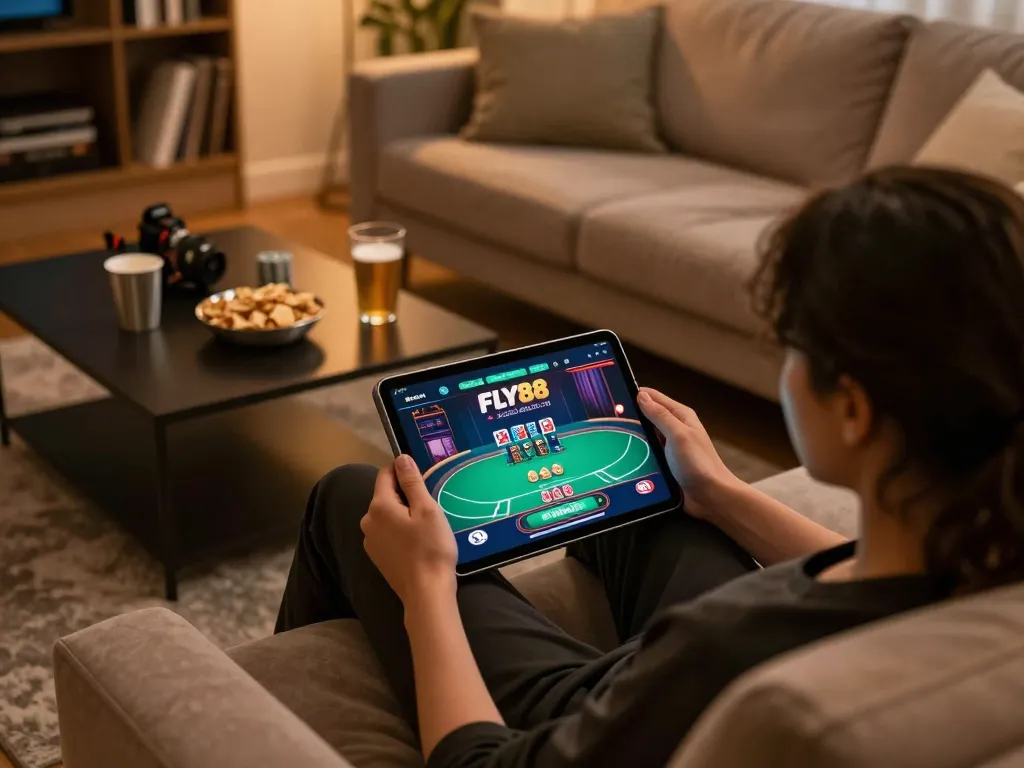 Player engaged in poker gameplay on the FLY88 app, showcasing a cozy home gambling experience
