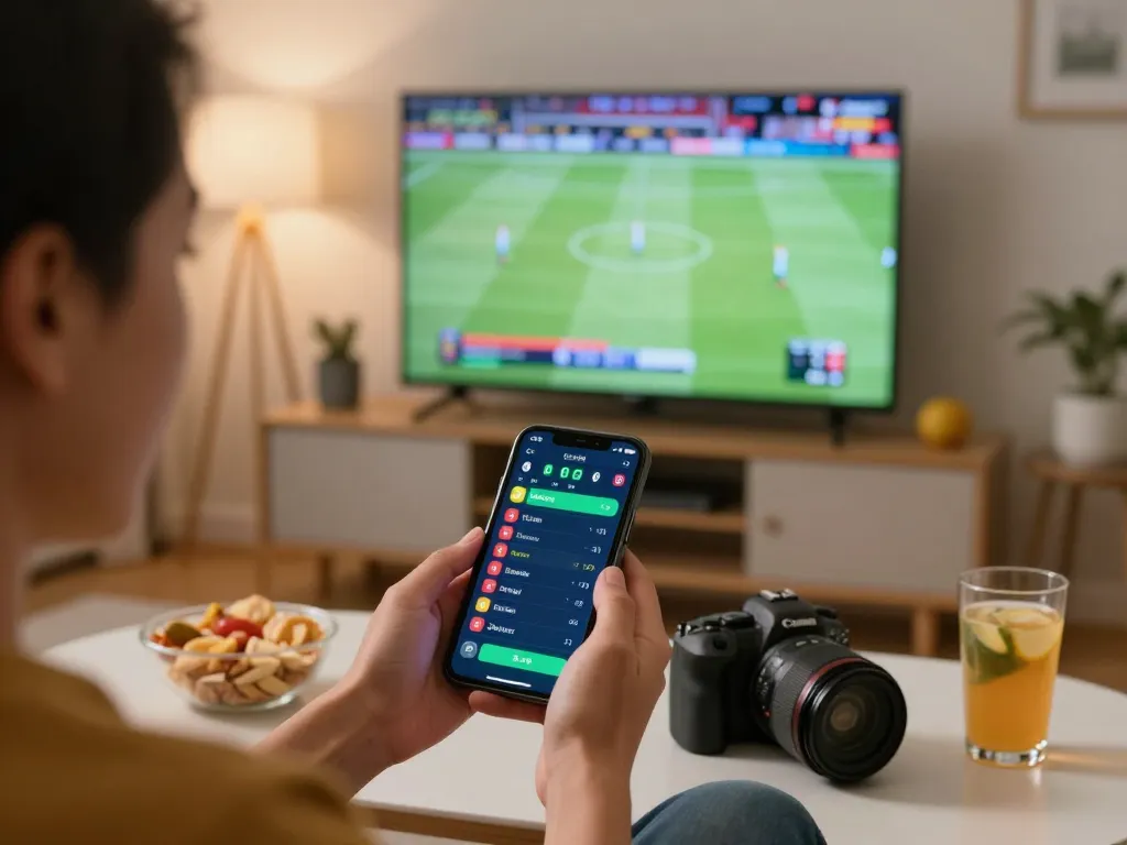 Person using F8BET on smartphone for sports betting while enjoying a game in a cozy living room