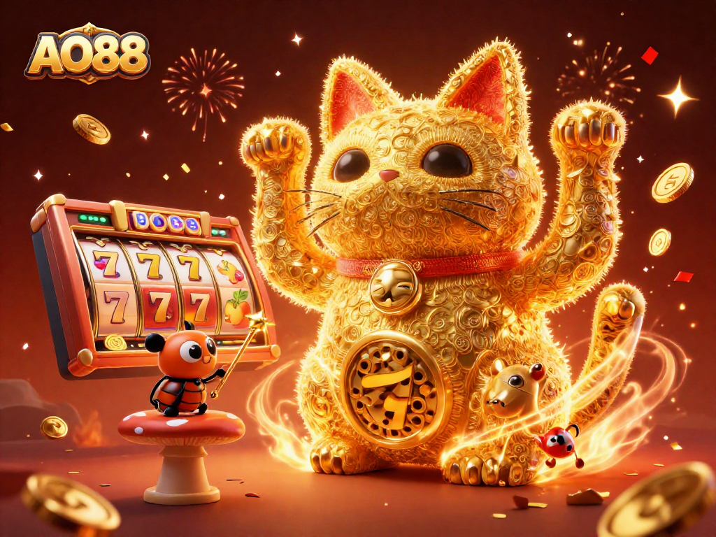 Experience exciting gameplay at AO88 with a dynamic lucky cat bursting with casino symbols.