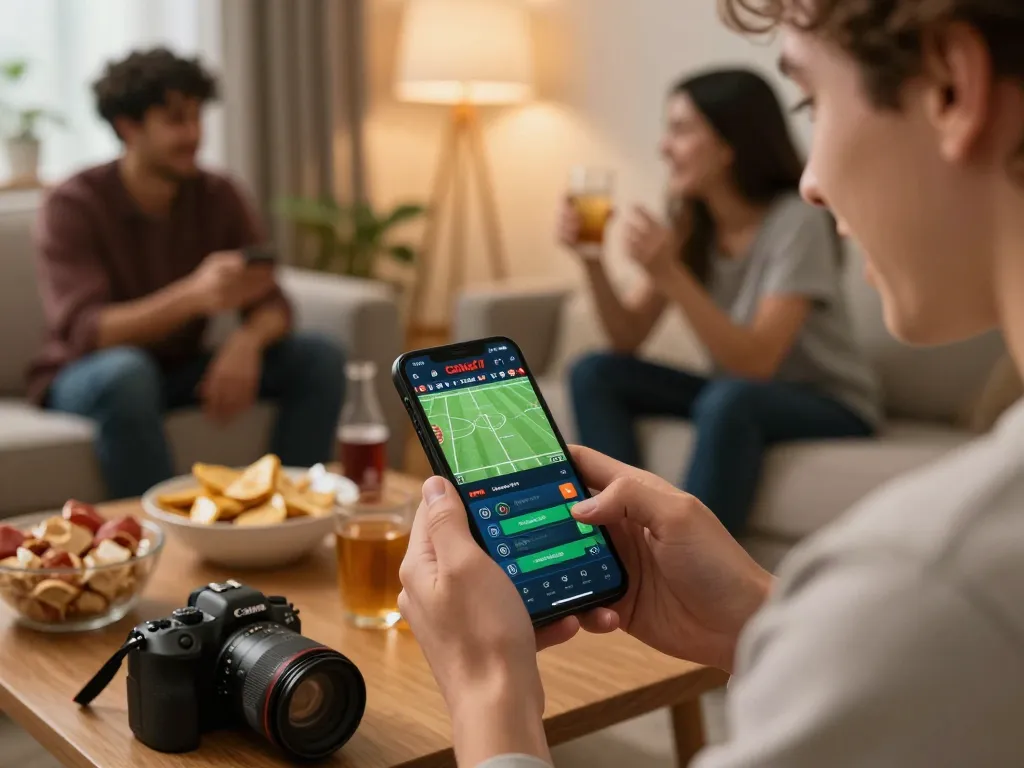 CakhiaTV user engaging in mobile sports betting, enjoying a social atmosphere with friends.