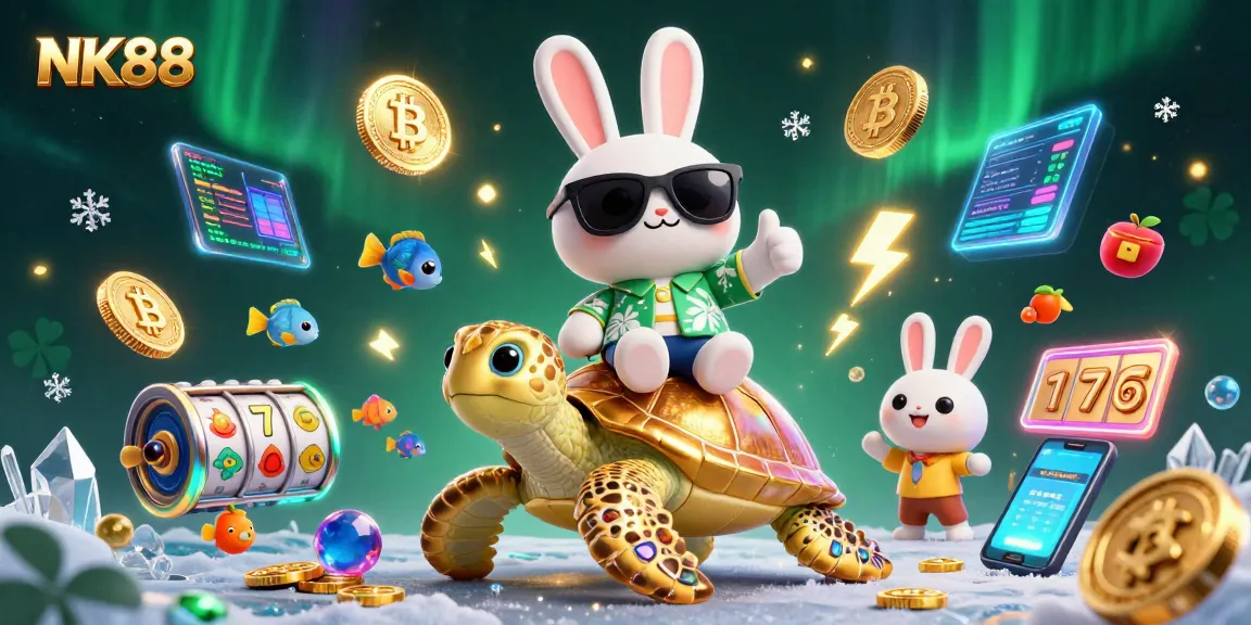 Engage in thrilling slots with NK88 featuring a lucky rabbit and golden turtle in vibrant 3D illustration.