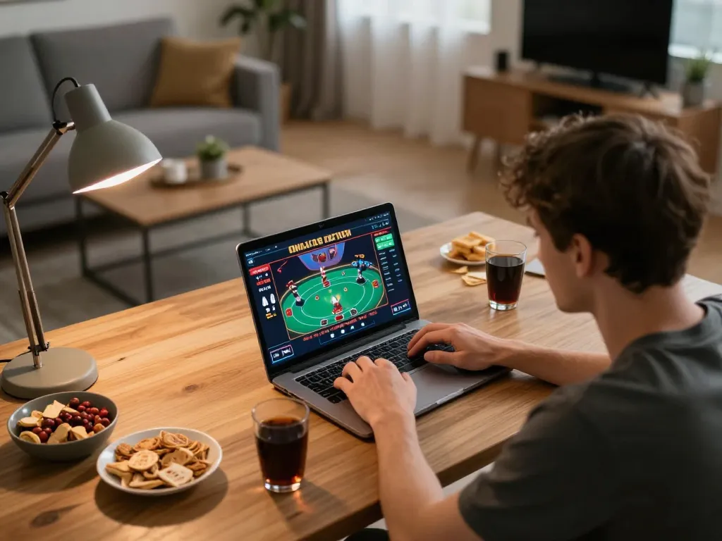 Join the excitement of daftar sungaitoto with strategic poker play at home, showcasing a modern gaming setup.