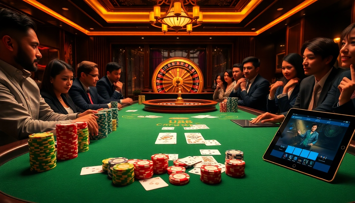 Engage in thrilling high-stakes betting at UU88’s vibrant casino poker table with colorful chips and cards.