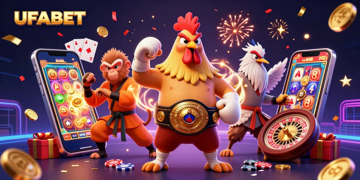 Win exciting gaming rewards with UFABET's dynamic online gambling scene featuring vibrant characters and thrilling elements.