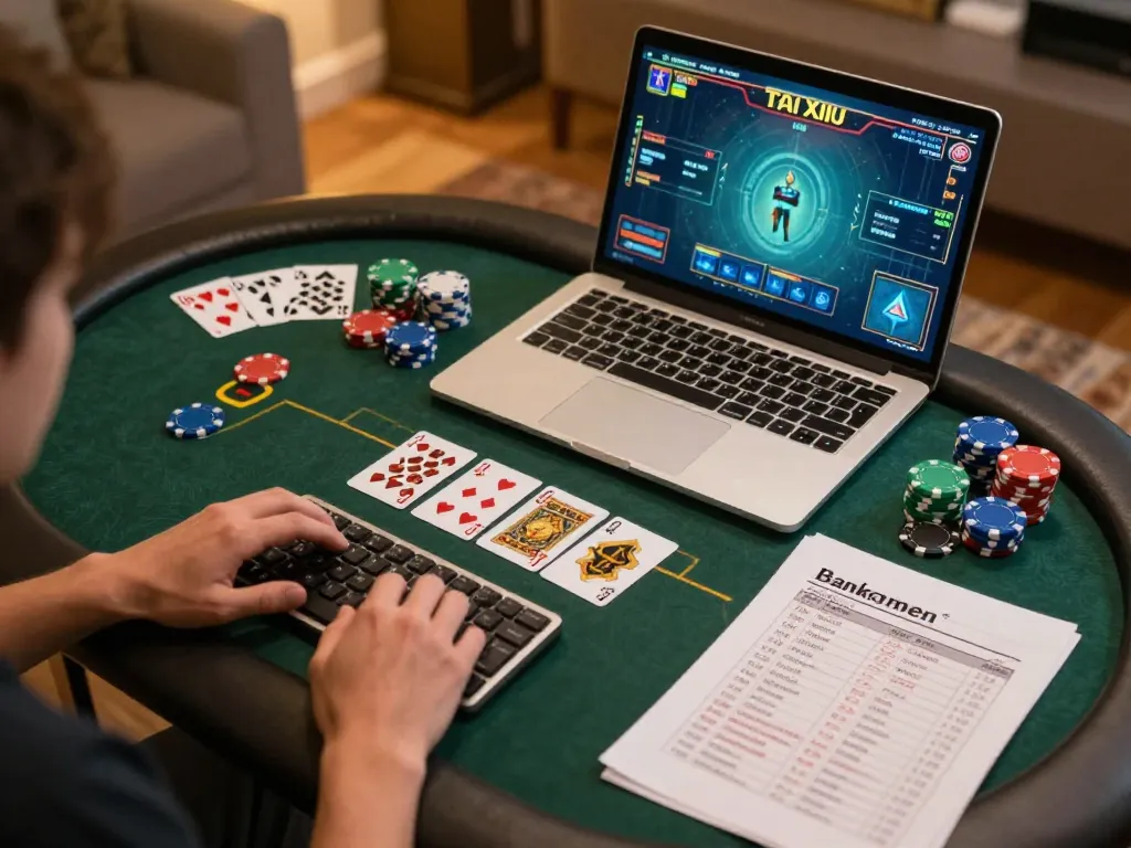 Tai Xiu Online player strategizing on a laptop with chips and cards visible, embracing online gaming.