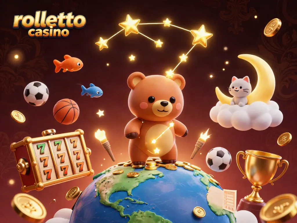 Engage with rolletto casino through an immersive 3D illustration showcasing lively gambling elements and characters.