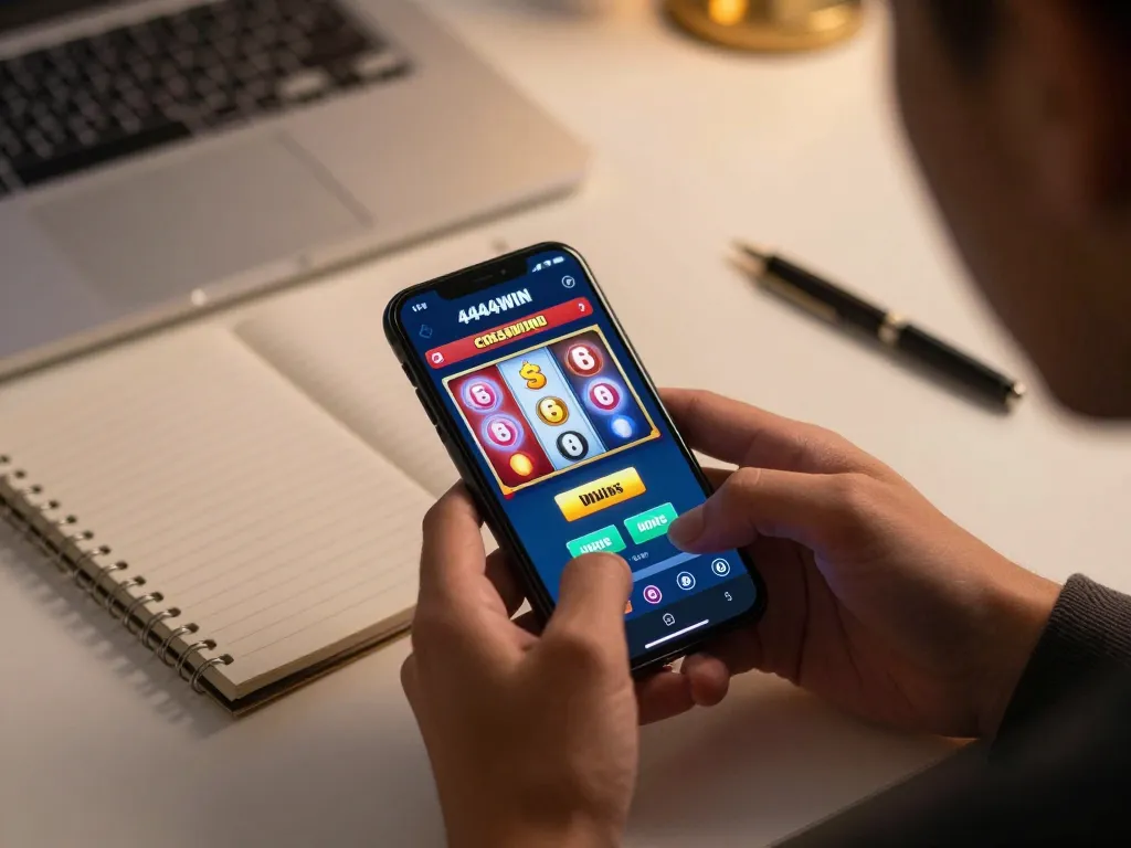 Player enjoying the 4444WIN casino app, spinning reels on a smartphone in a cozy gaming atmosphere.
