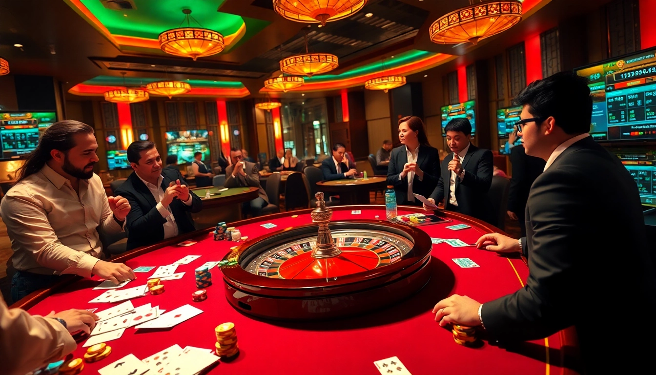 Engaged players strategizing at a luxury TR88 casino table with poker chips and cards.