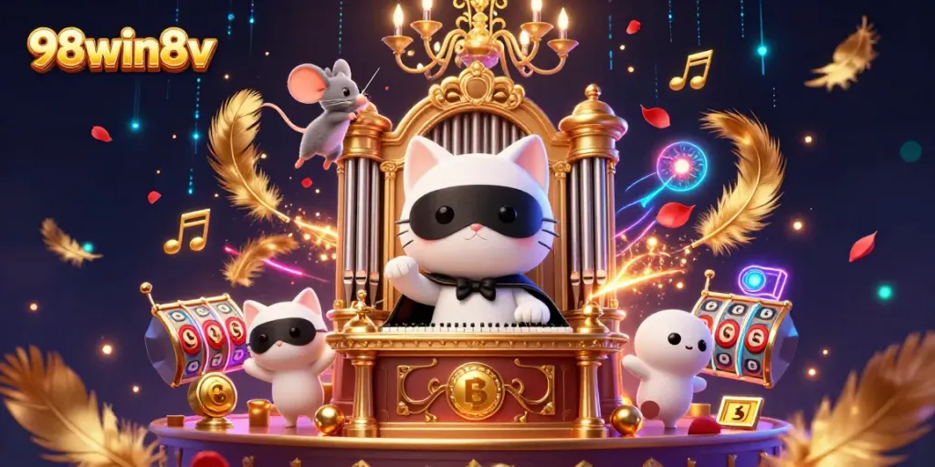 Engage with the vibrant world of 98win8v featuring a casino scene with a cat and mouse amidst gambling elements.