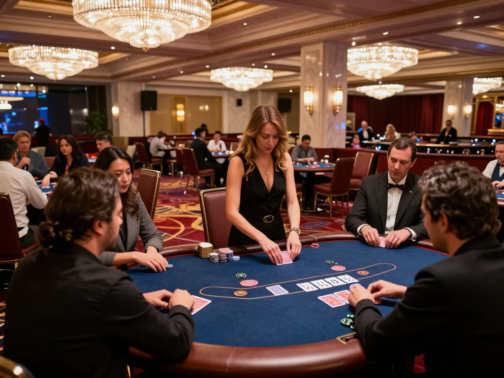 Players strategizing at poker tables in a vibrant 68WIN casino, showcasing dynamic gameplay.