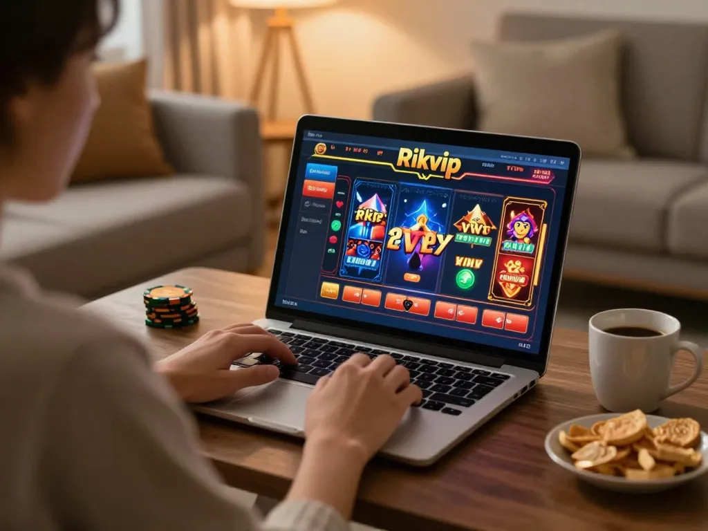 Engaging home online gaming scene with a player enjoying rikvip on a laptop, warm ambiance and inviting decor.