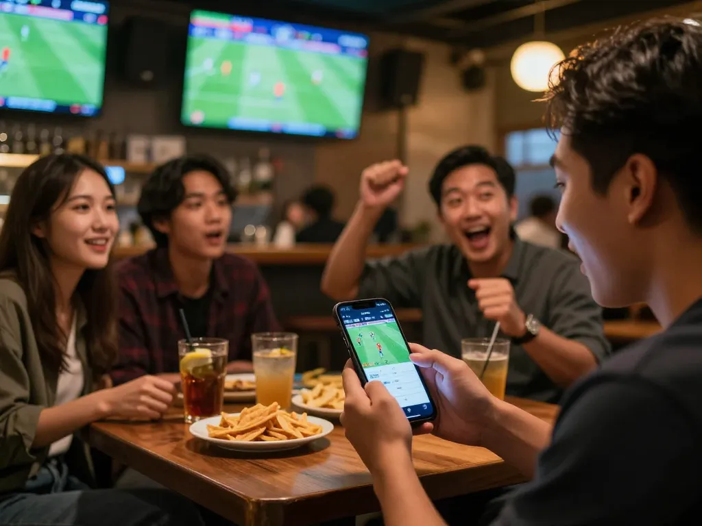 Excited patrons engaging in sports betting using smartphone at bar, highlighting keonhacaihomnay.