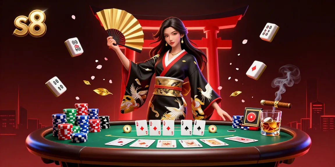 S8 captivating online gambling scene featuring an elegant Asian woman among poker and mahjong elements.