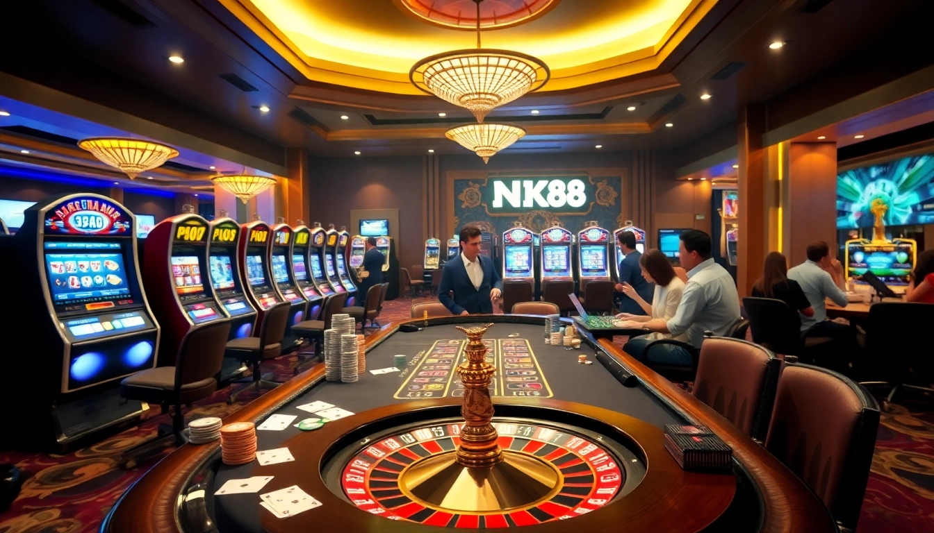 Experience the thrill of NK88 with vibrant tables, chips, and excited players in a luxurious casino setting.